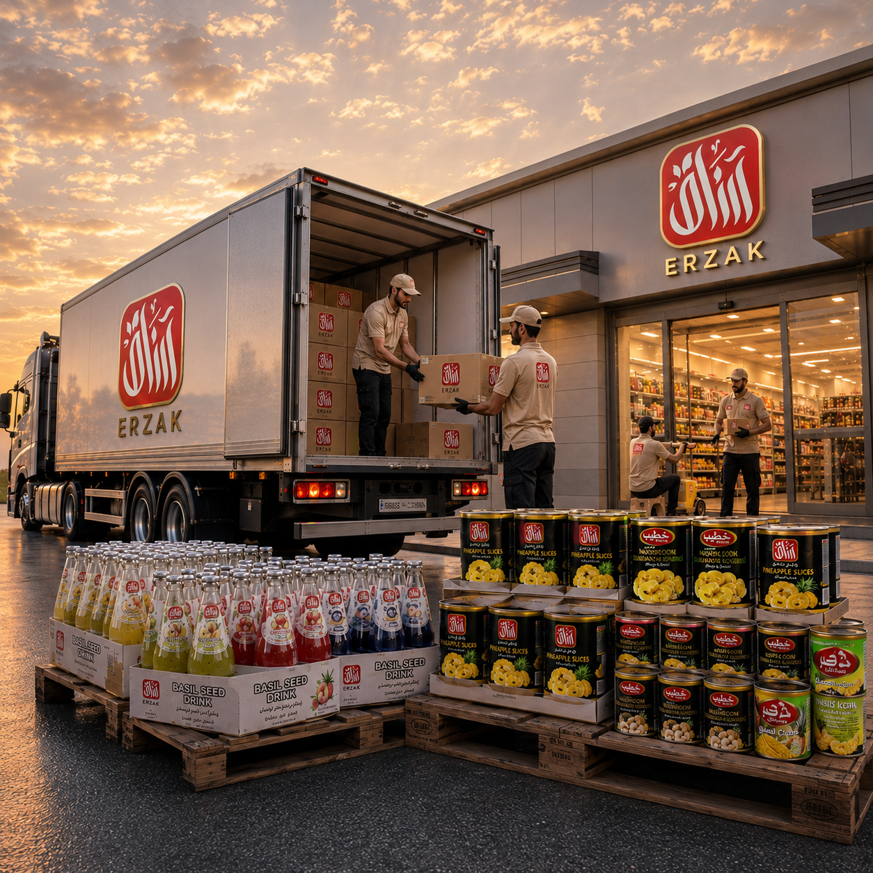 A delivery team unloads organized food cartons from a branded truck at a retail or warehouse destination.